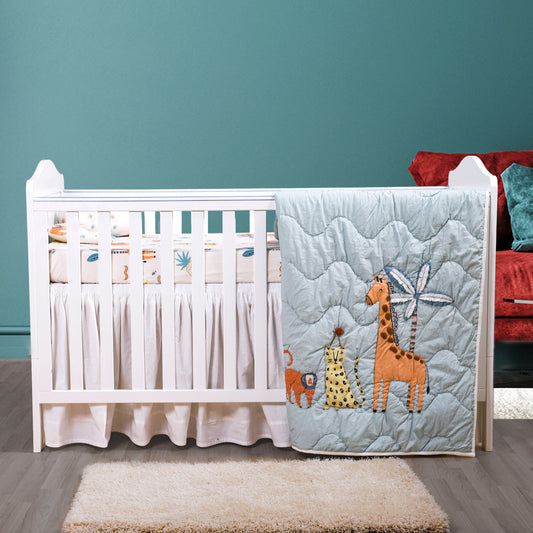 Children's room with a crib, colorful bedding, and toys against a teal wall.