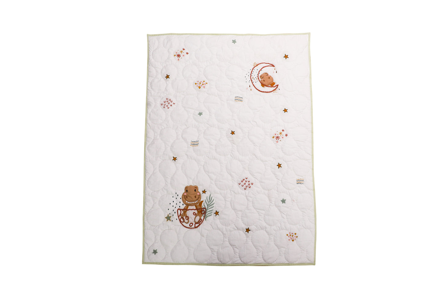 Baby quilt with embroidered designs on a white background