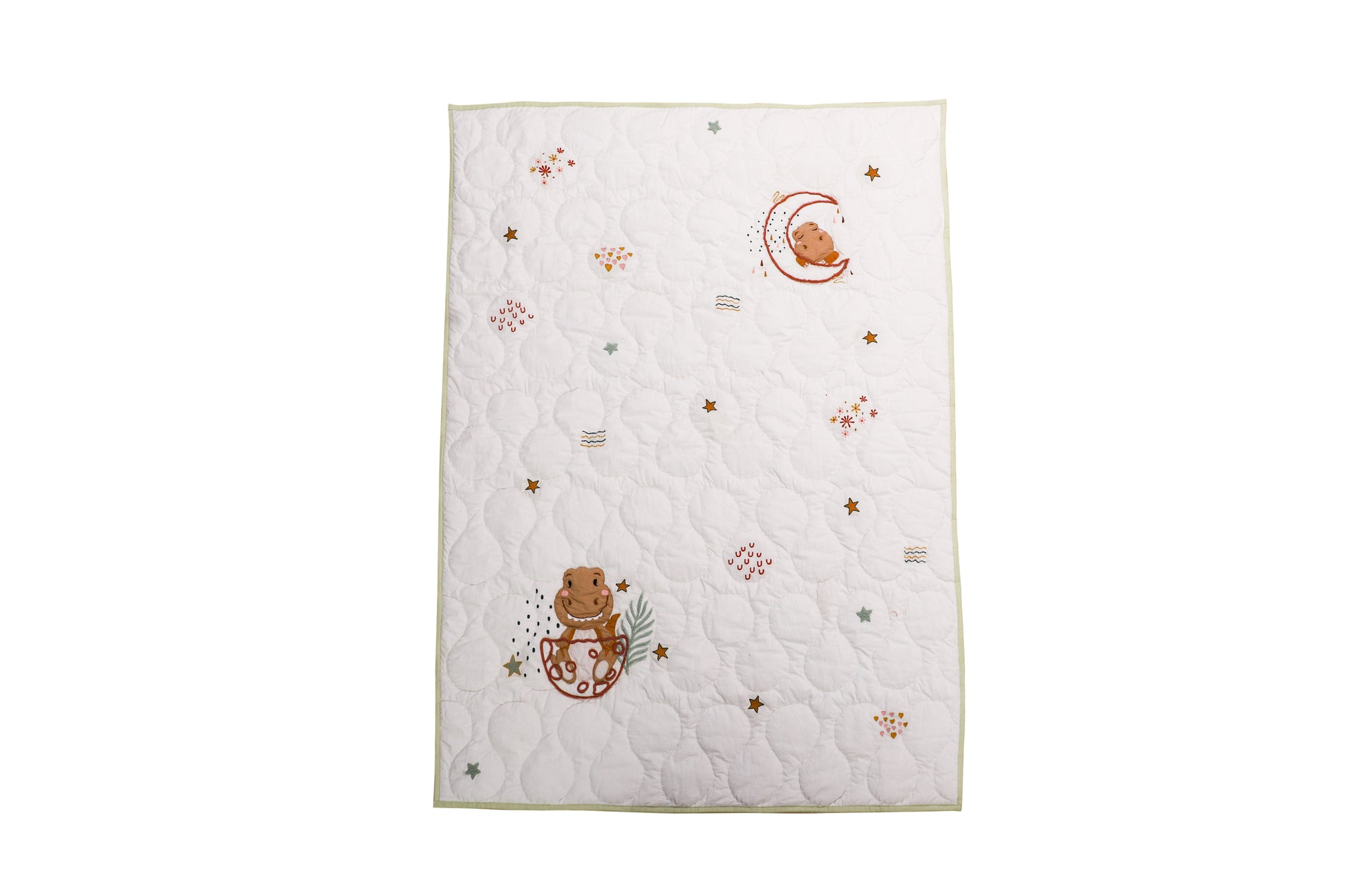 Baby quilt with embroidered designs on a white background