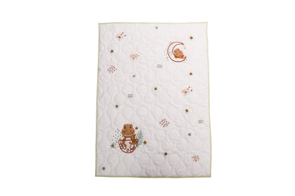 Baby quilt with embroidered designs on a white background