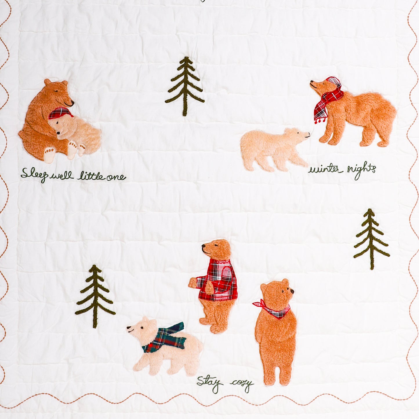 Pattern of bears and trees with text on a white background