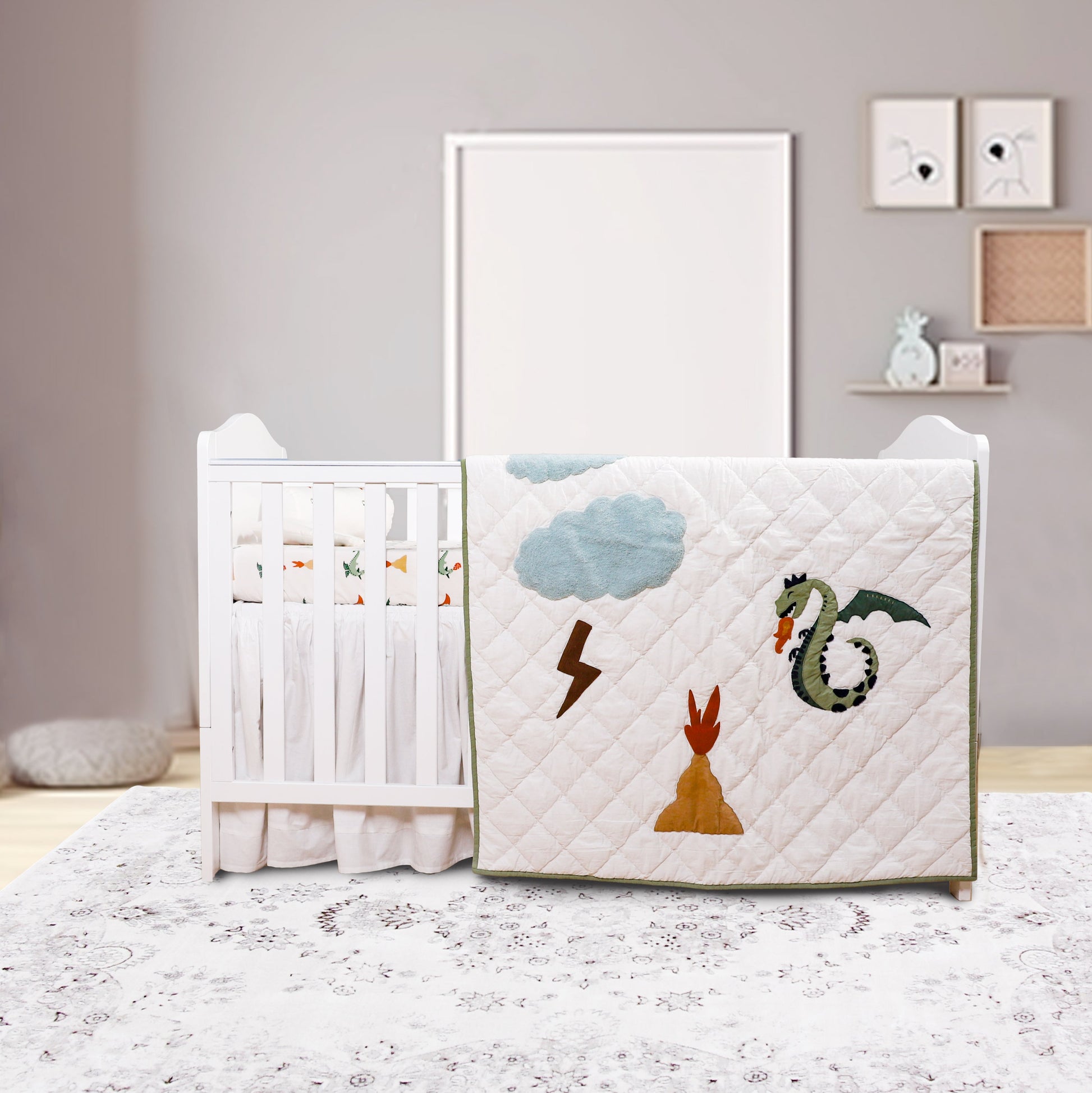 Children's room with a crib and wall art featuring animals and nature elements.