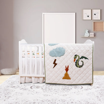 Children's room with a crib and wall art featuring animals and nature elements.