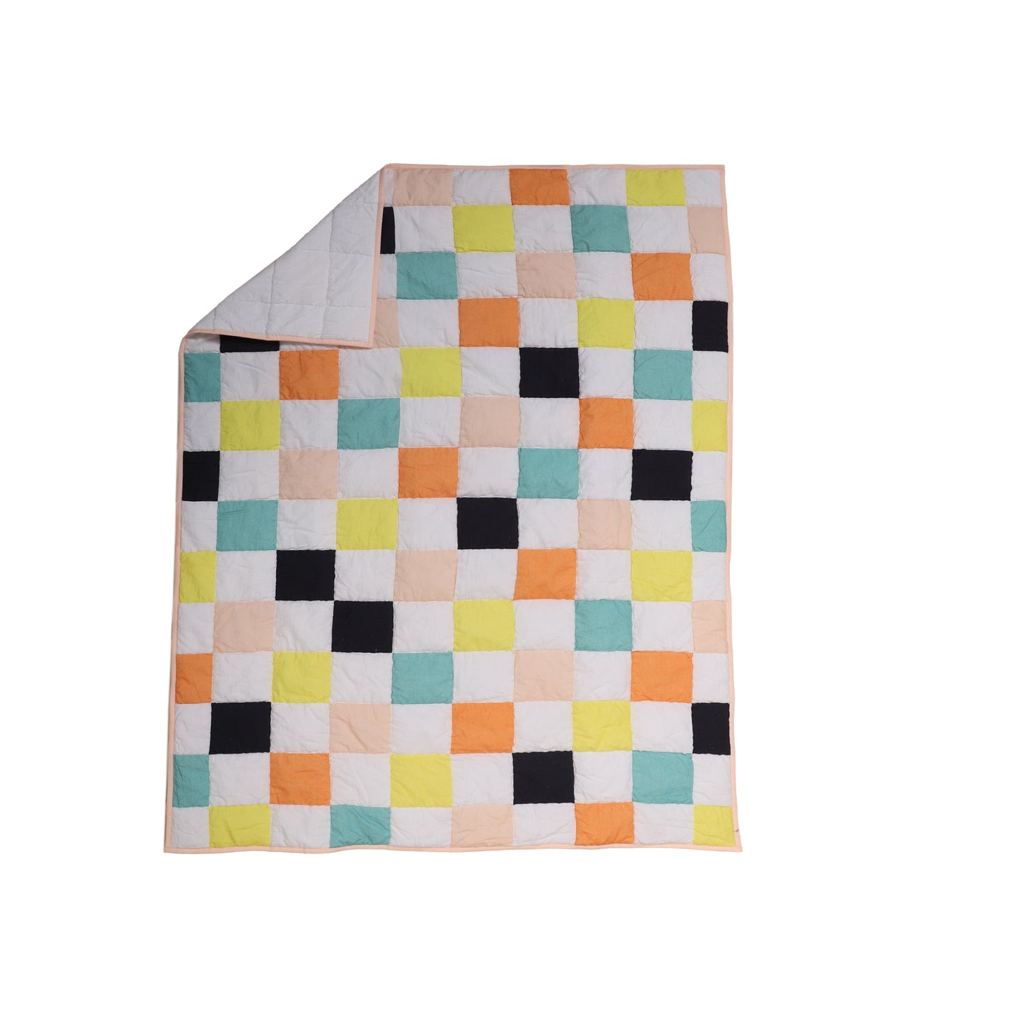 Colorful checkered quilt on a white background