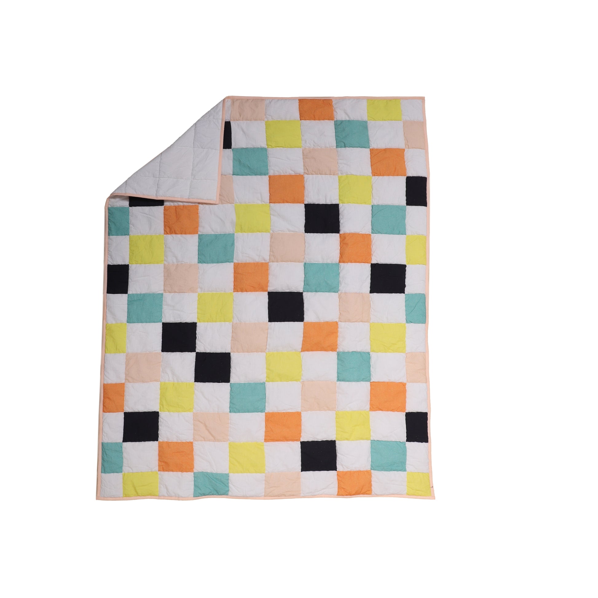 Colorful checkered quilt on a white background