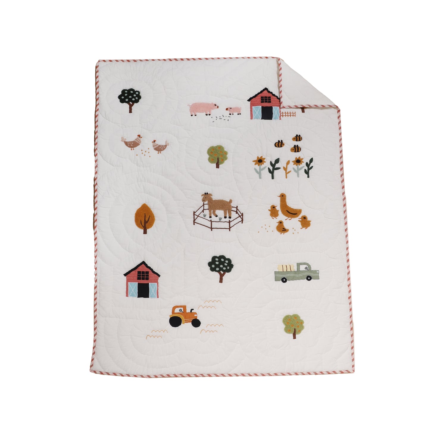 Baby blanket with farm-themed illustrations on a white background
