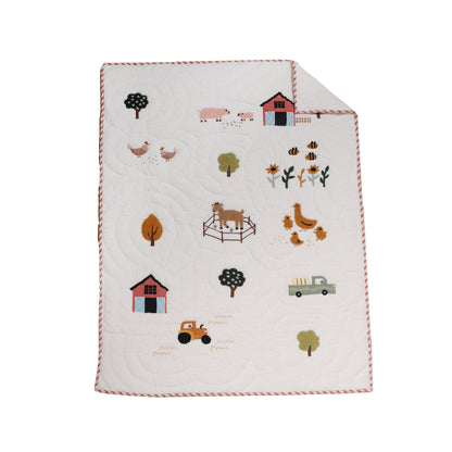 Baby blanket with farm-themed illustrations on a white background