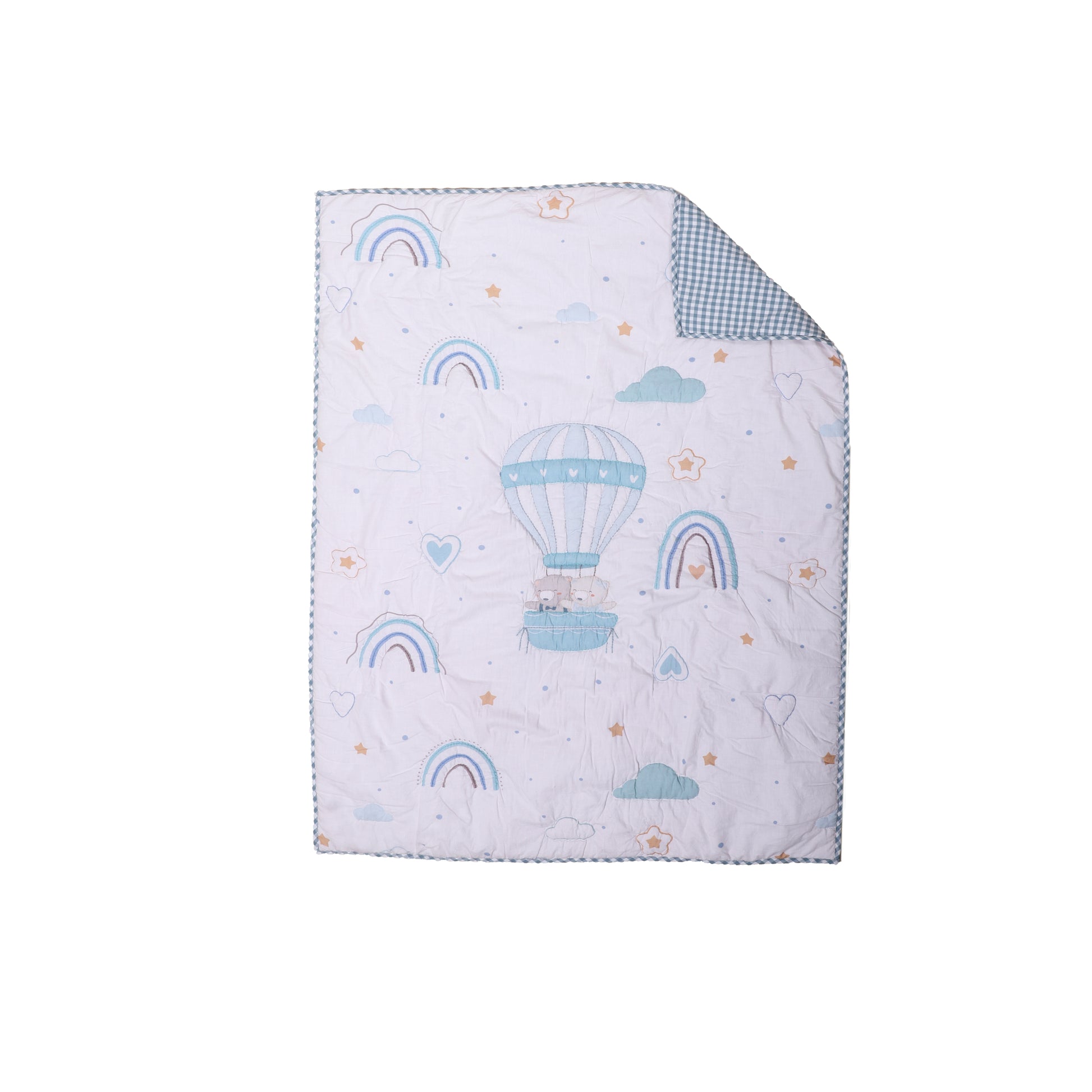 Baby blanket with hot air balloon and rainbow pattern on a white background