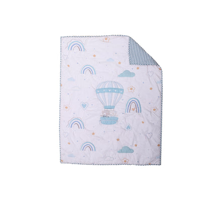 Baby blanket with hot air balloon and rainbow pattern on a white background