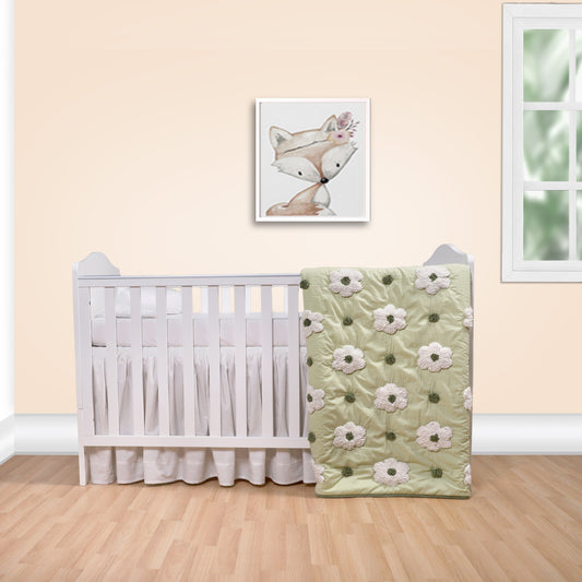 Nursery room with a crib, floral blanket, and wall art of two foxes.