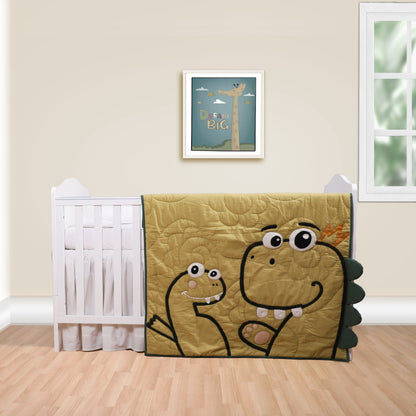 Dinosaur-themed quilt on a crib with a framed picture on the wall.