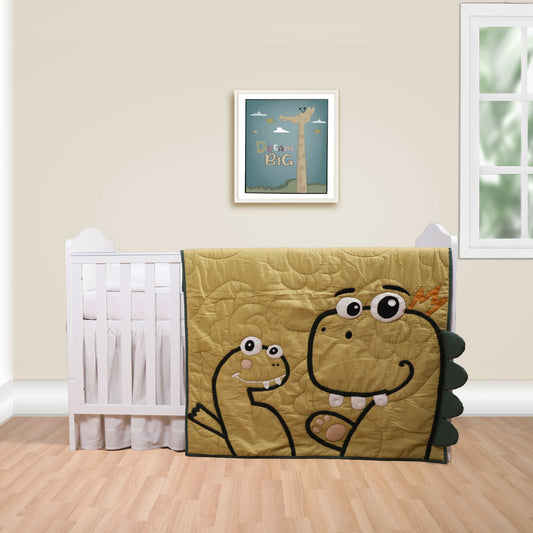 Dinosaur-themed quilt on a crib with a framed picture on the wall.