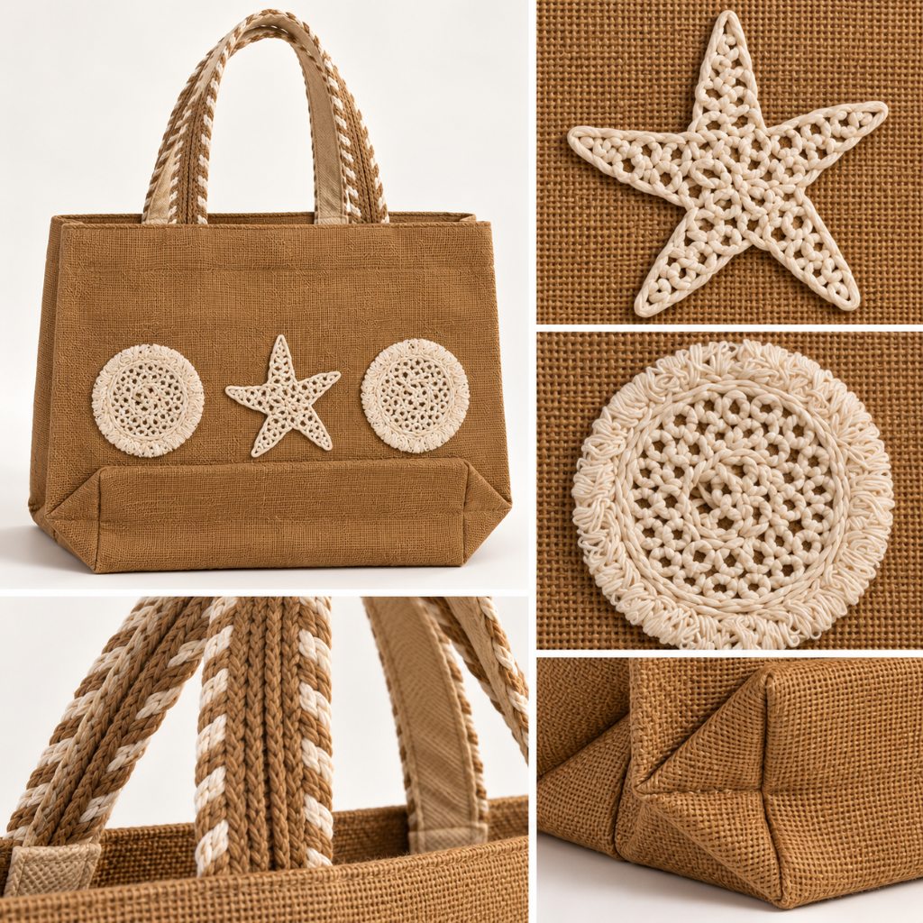 Brown Textured Tote Bag with Seashell