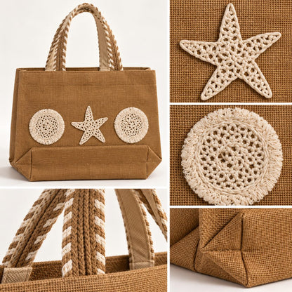 Brown Textured Tote Bag with Seashell
