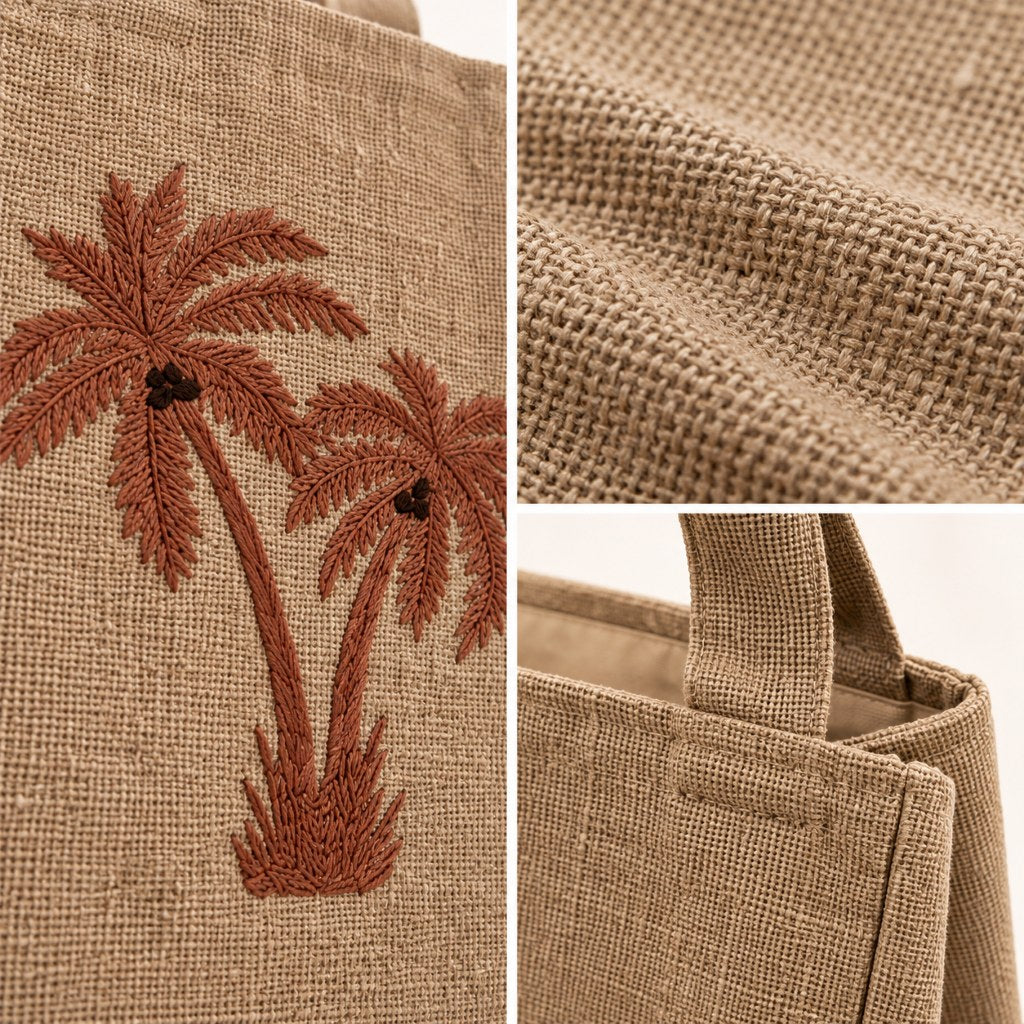 Natural Beige Tote Bag with Embroidered Palm Tree Design
