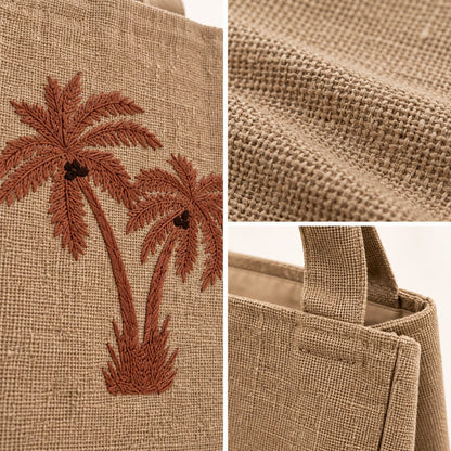 Natural Beige Tote Bag with Embroidered Palm Tree Design