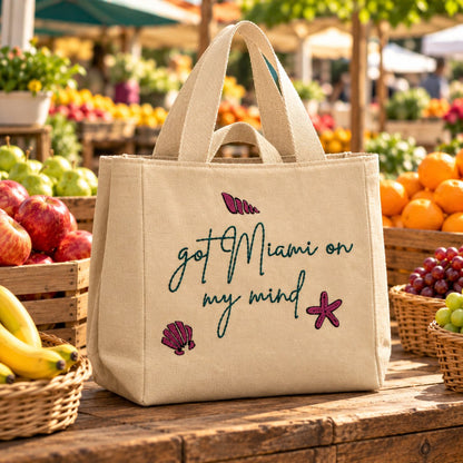 Beige Miami Tote Bag with Embroidered Coastal Design