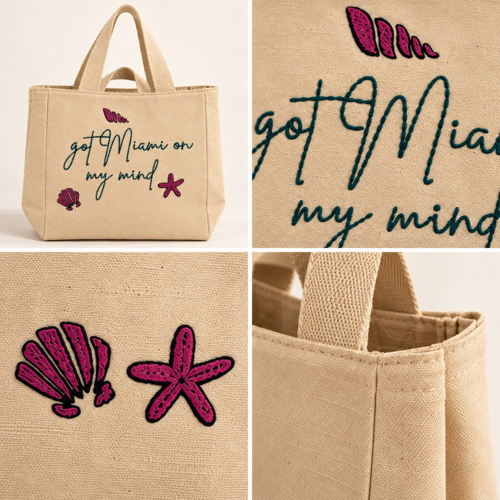 Beige Miami Tote Bag with Embroidered Coastal Design