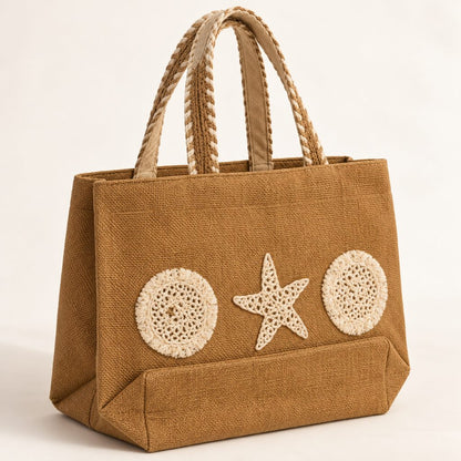 Brown Textured Tote Bag with Seashell