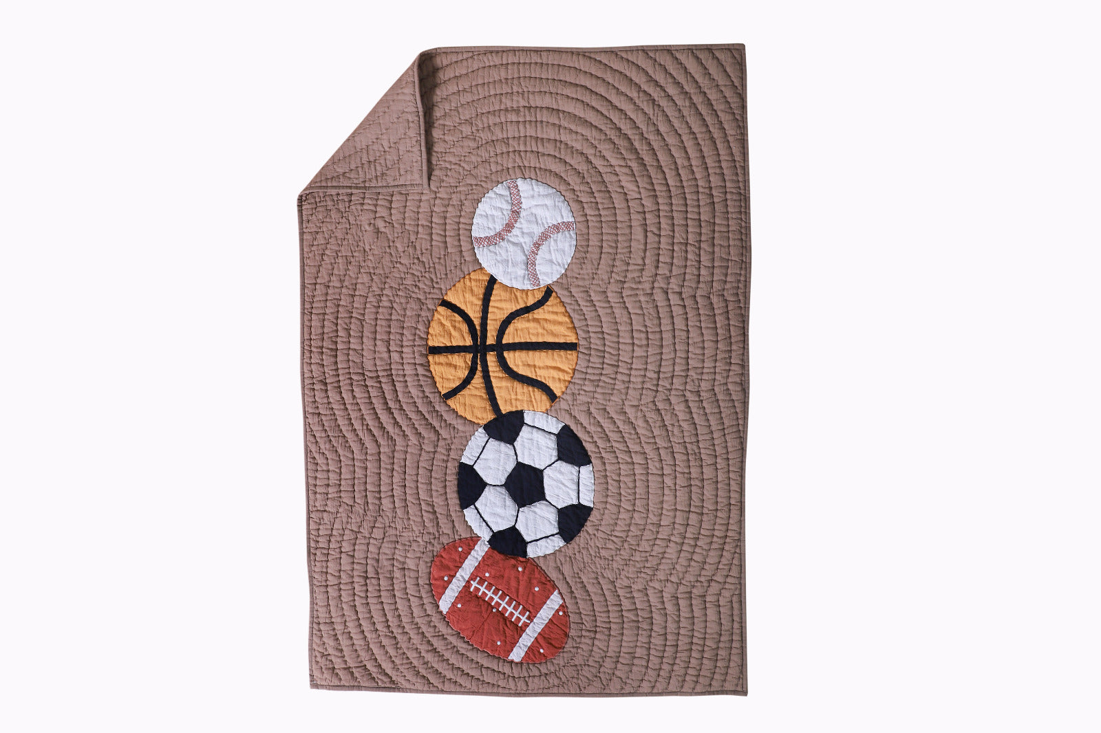 Blanket with sports ball appliqués on a white background