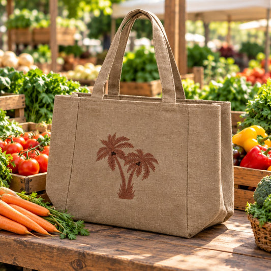 Natural Beige Tote Bag with Embroidered Palm Tree Design