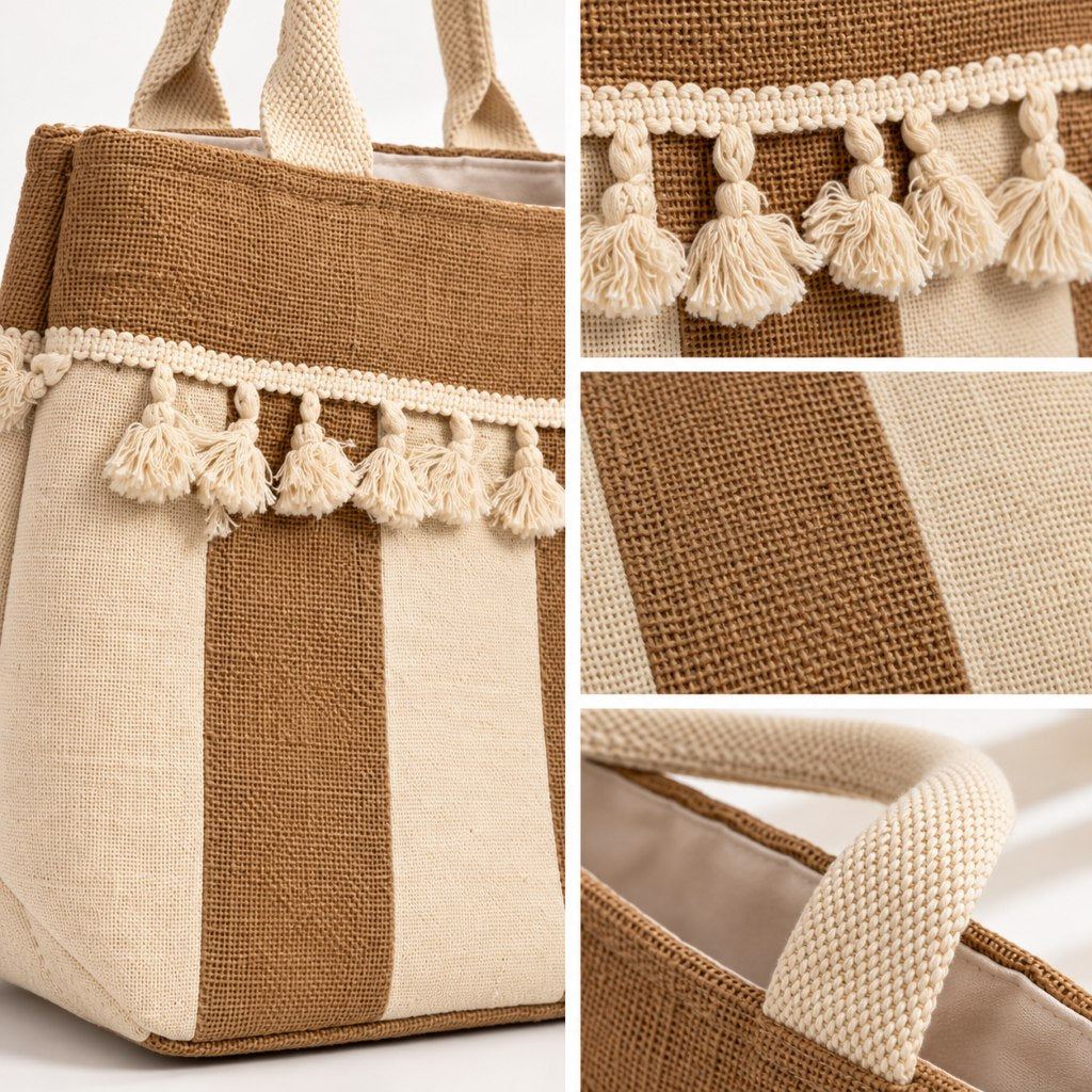 Beige and Brown Striped Tote Bag with Decorative Tassel Trim