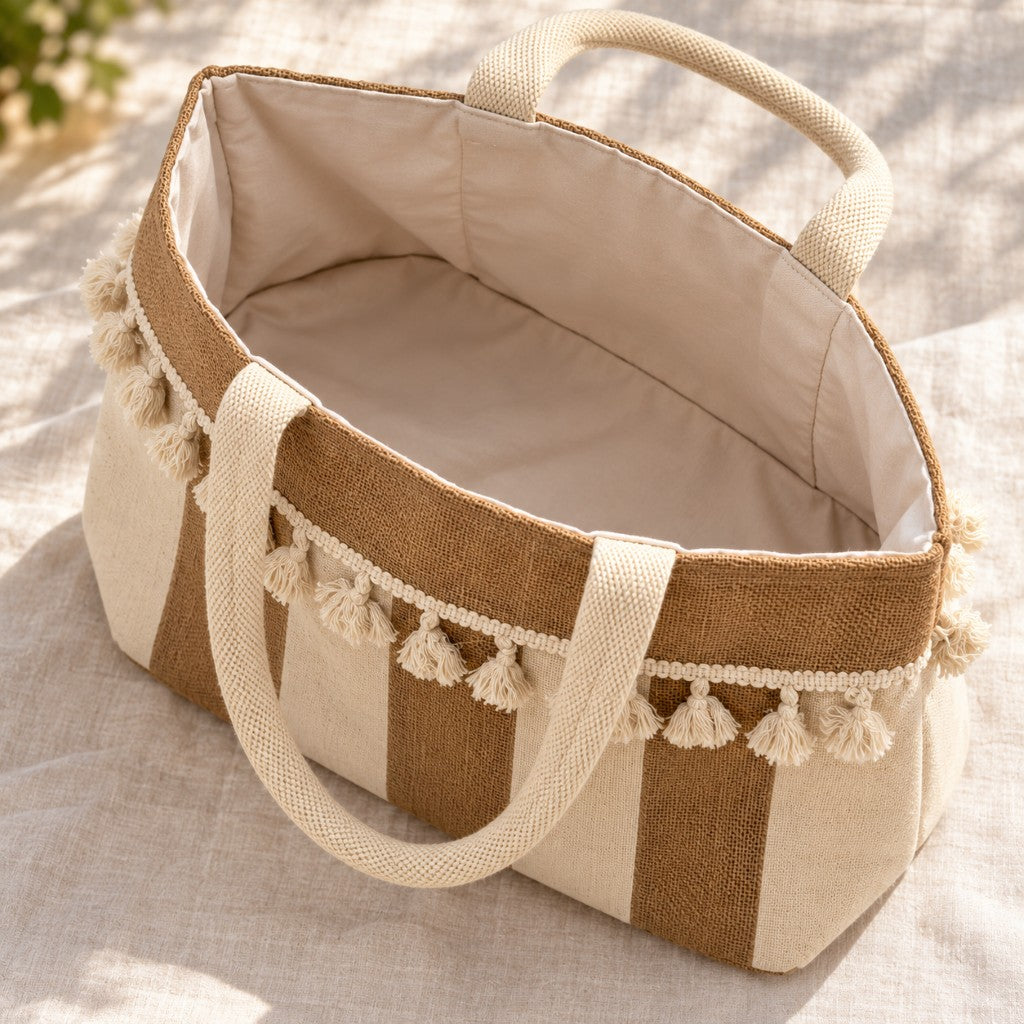 Beige and Brown Striped Tote Bag with Decorative Tassel Trim