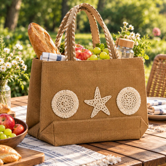 Brown Textured Tote Bag with Seashell