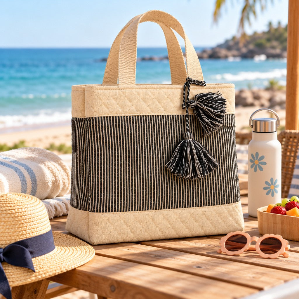 Striped Quilted Tote Bag with Decorative Tassels