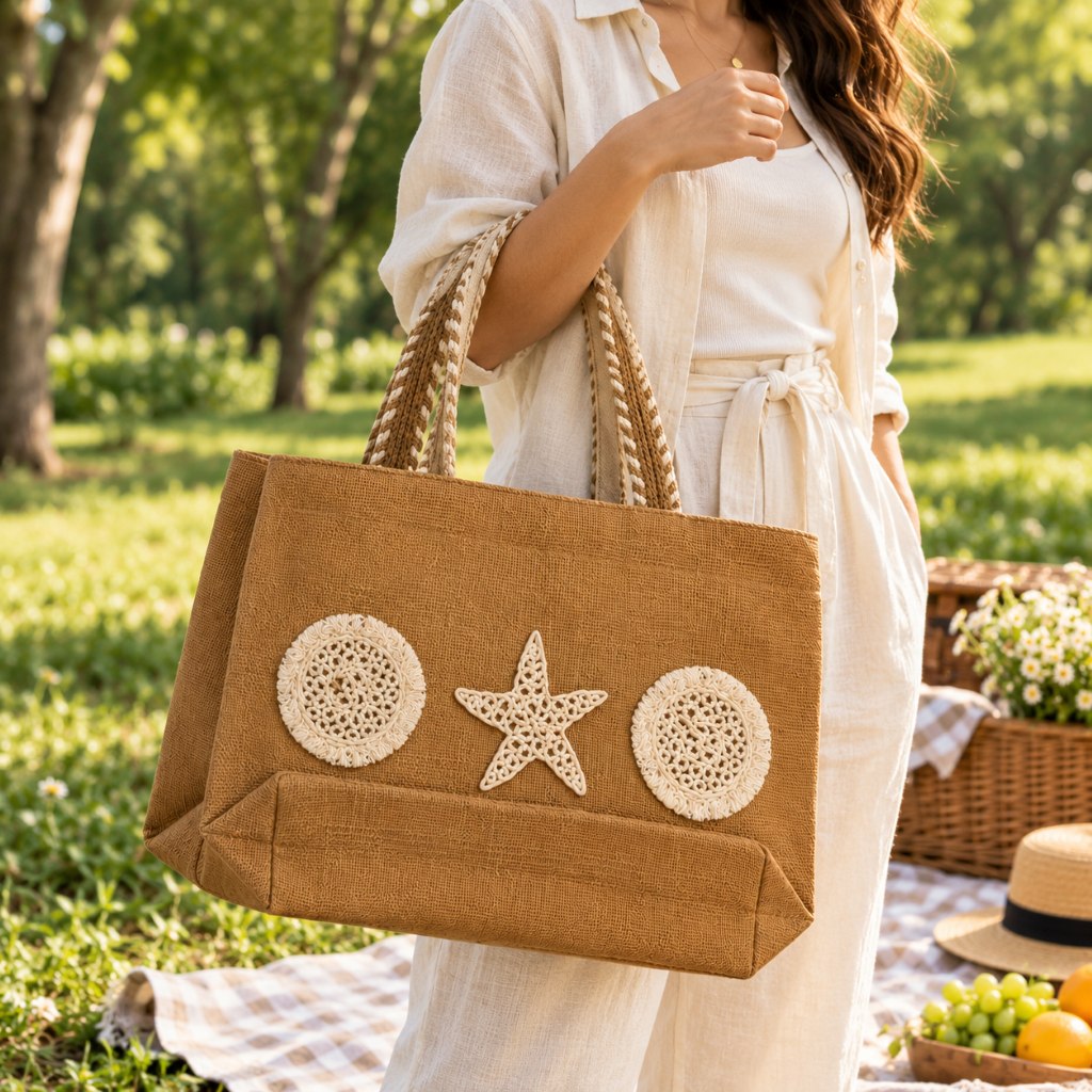 Brown Textured Tote Bag with Seashell