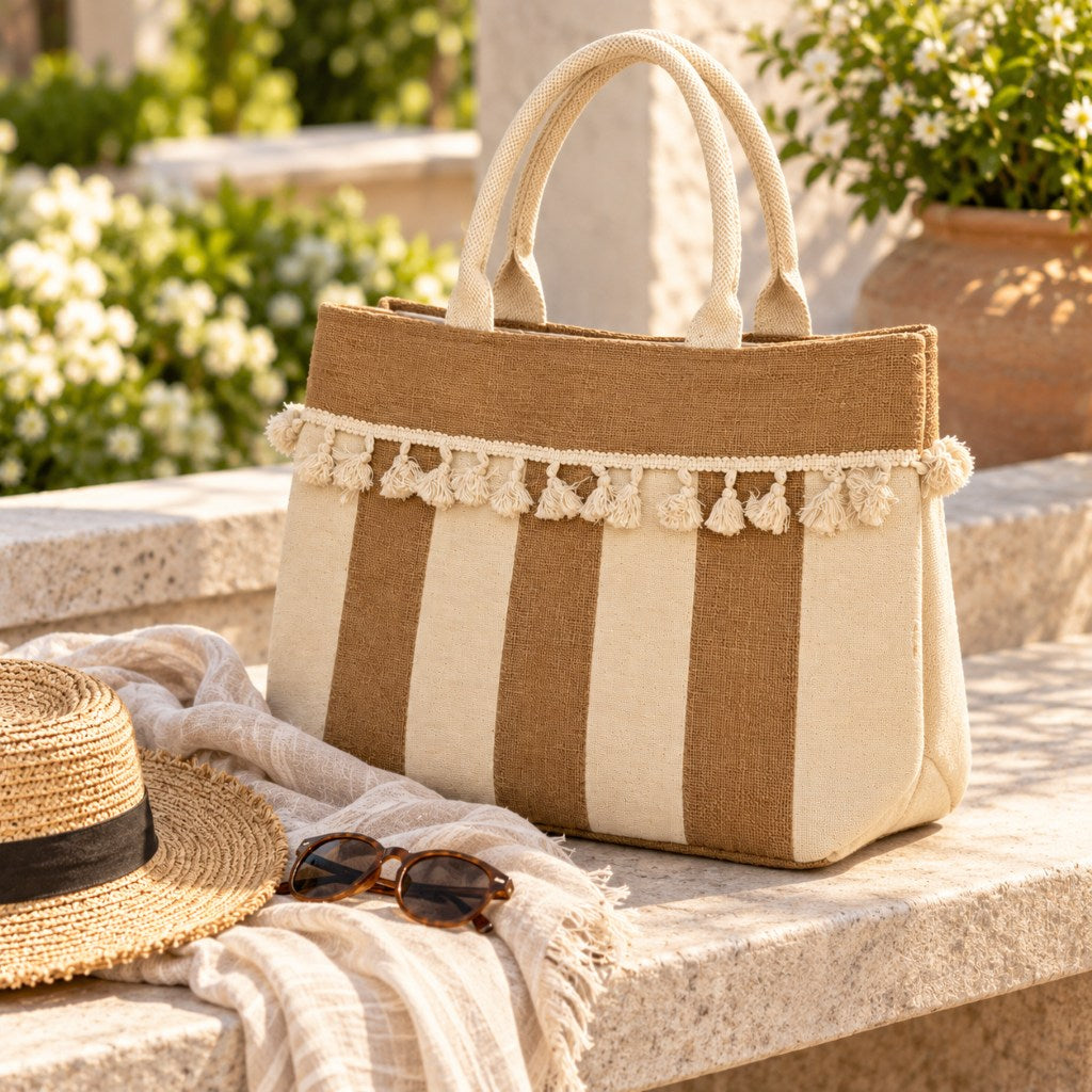 Beige and Brown Striped Tote Bag with Decorative Tassel Trim