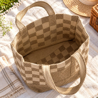 Natural Beige and Brown Checkered Textured Tote Bag