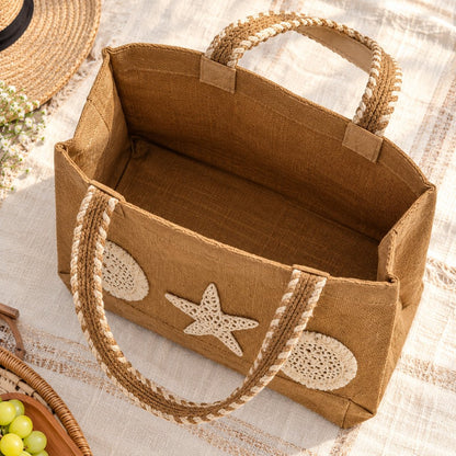 Brown Textured Tote Bag with Seashell
