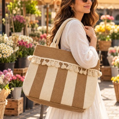 Beige and Brown Striped Tote Bag with Decorative Tassel Trim