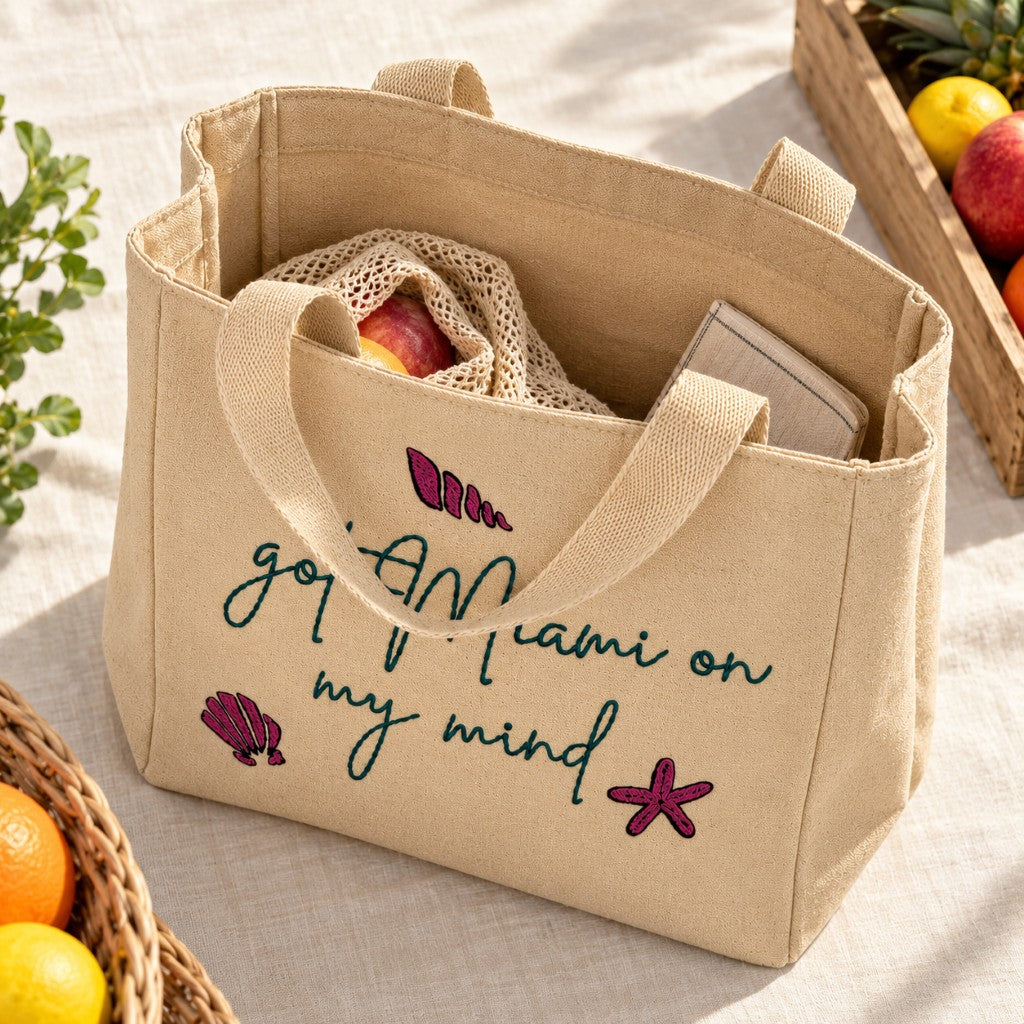 Beige Miami Tote Bag with Embroidered Coastal Design