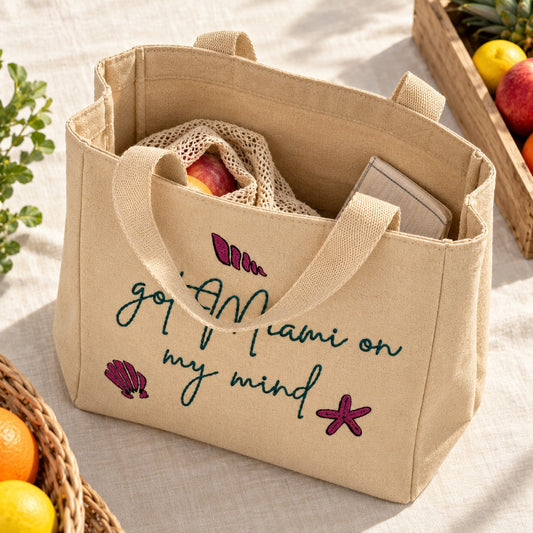 Beige Miami Tote Bag with Embroidered Coastal Design