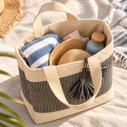 Striped Quilted Tote Bag with Decorative Tassels