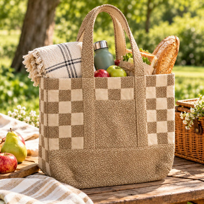 Natural Beige and Brown Checkered Textured Tote Bag