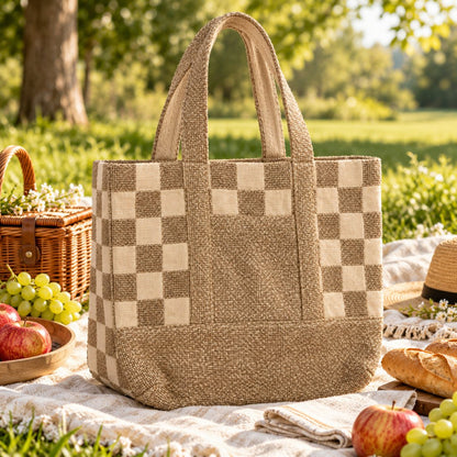 Natural Beige and Brown Checkered Textured Tote Bag