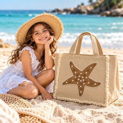 Beige Starfish Embellished Tote Bag