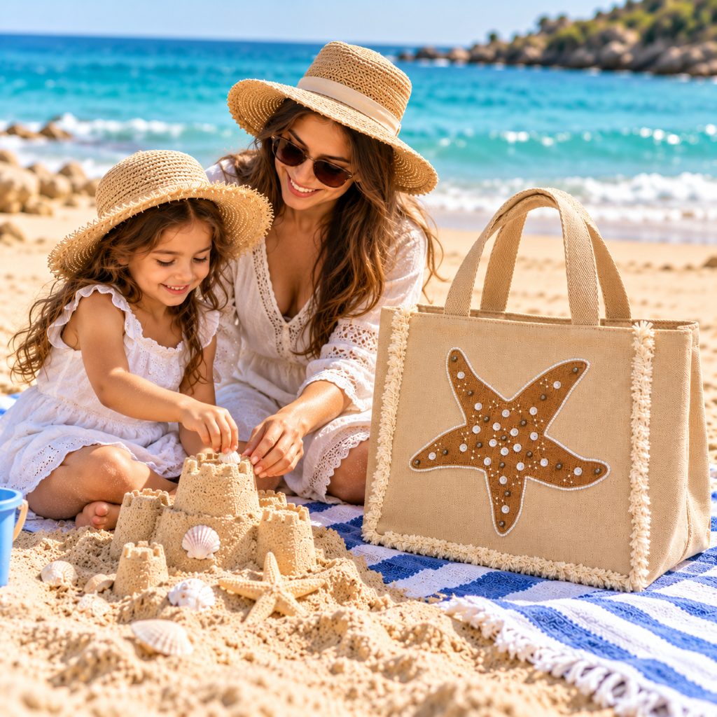 Beige Starfish Embellished Tote Bag