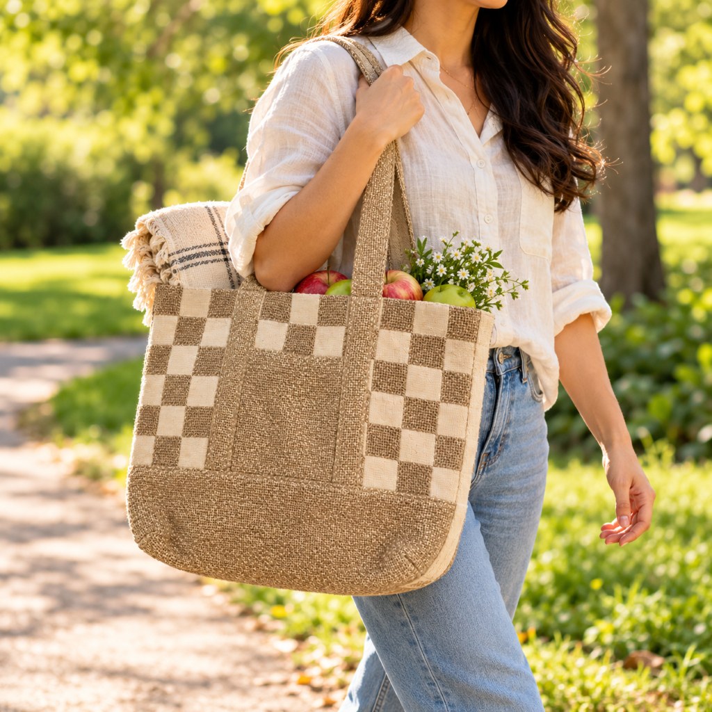 Natural Beige and Brown Checkered Textured Tote Bag