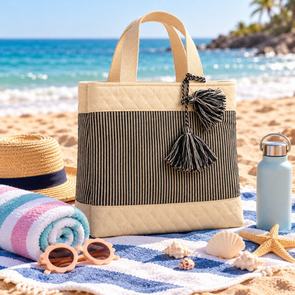 Striped Quilted Tote Bag with Decorative Tassels