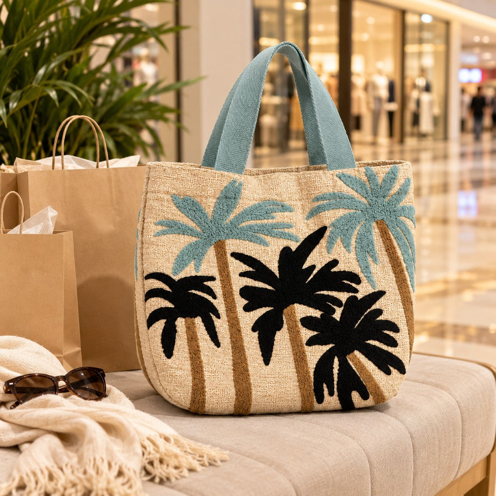 Palm Tree Tote Bag with Embroidered Design