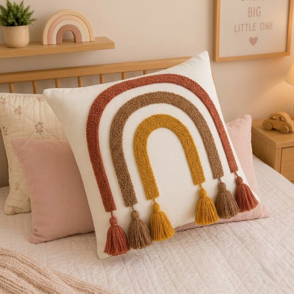 Rainbow Decorative Cushion – Multicolor Tassel Accent Pillow