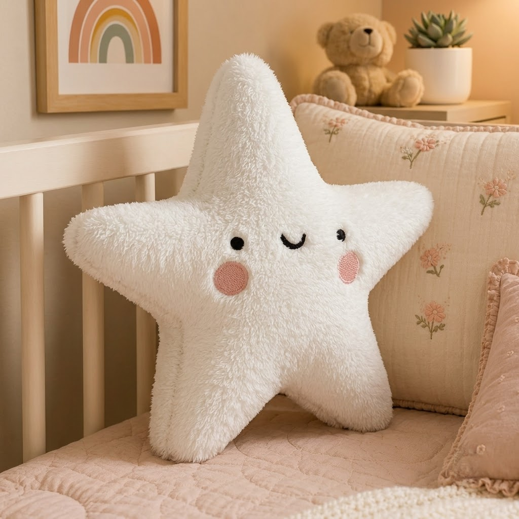 Star Decorative Cushion – White Plush Accent Pillow