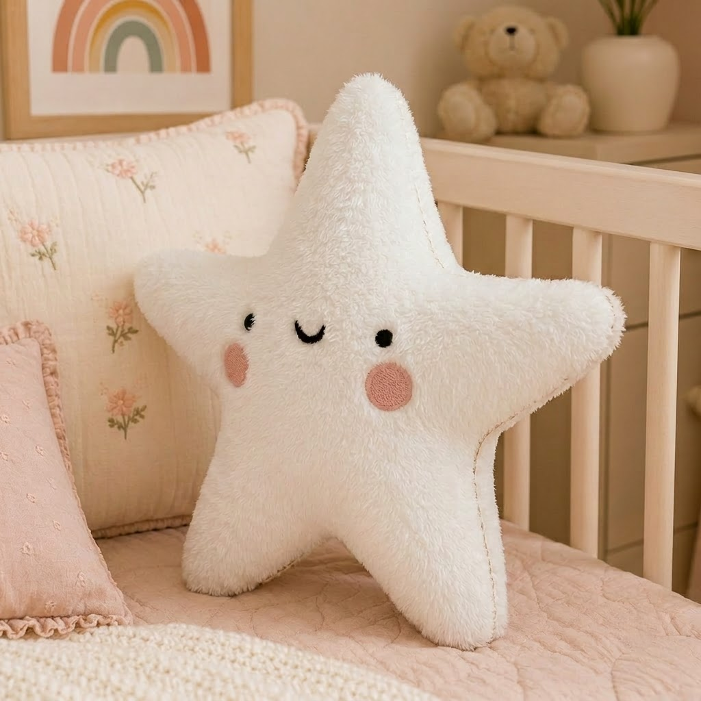 Star Decorative Cushion – White Plush Accent Pillow