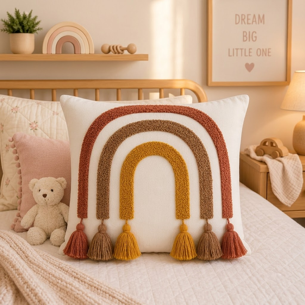 Rainbow Decorative Cushion – Multicolor Tassel Accent Pillow
