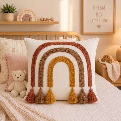 Rainbow Decorative Cushion – Multicolor Tassel Accent Pillow
