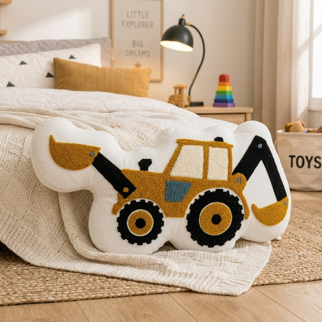 Excavator Decorative Cushion – Yellow Construction Vehicle Accent Pillow